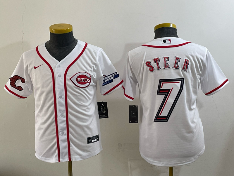 Youth Cincinnati Reds #7 Steer white Nike MLB 2025 Jersey 003